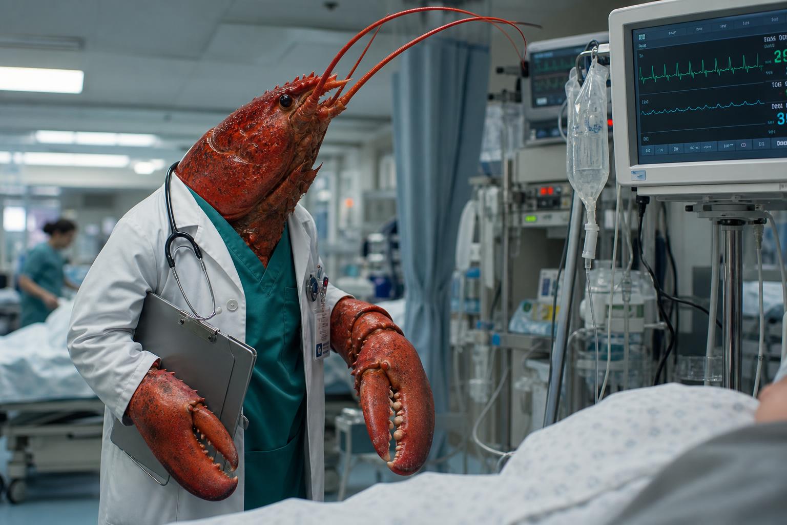 A photorealistic lobster in a white doctor's coat and stethoscope reads a vitals monitor at a patient bedside in an emergency ward at Bellevue Hospital in Manhattan.