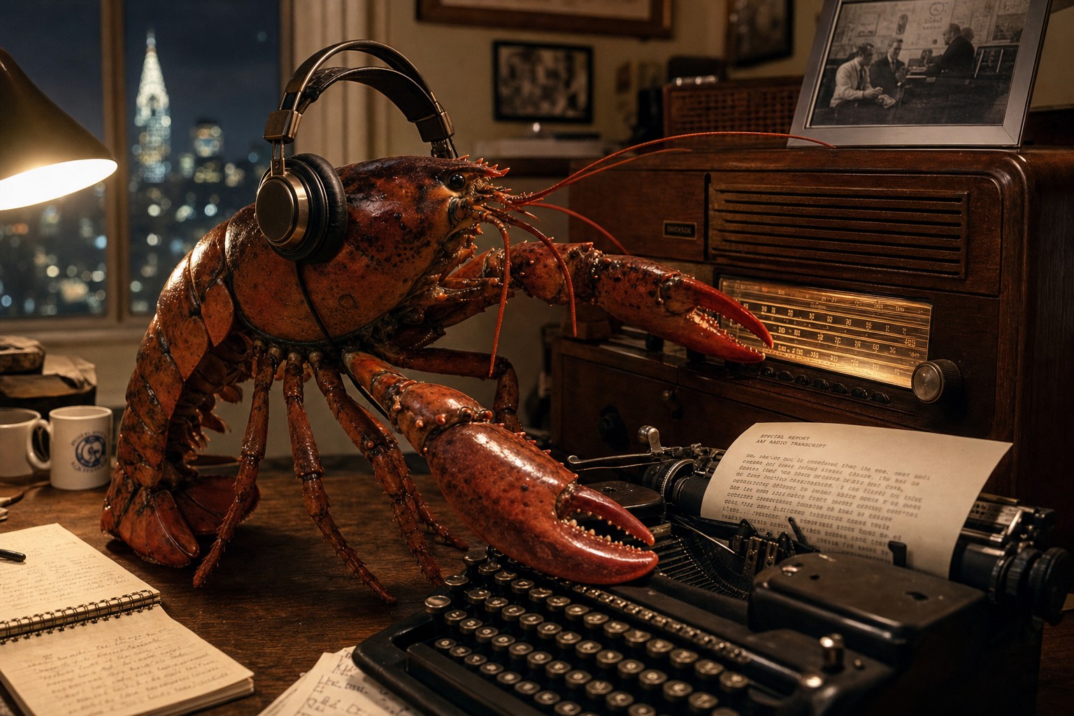 A photorealistic lobster wearing large studio headphones sits at a desk in a Kips Bay apartment, one claw on the tuning knob of a big vintage radio console, the other typing a transcript of what it hears.